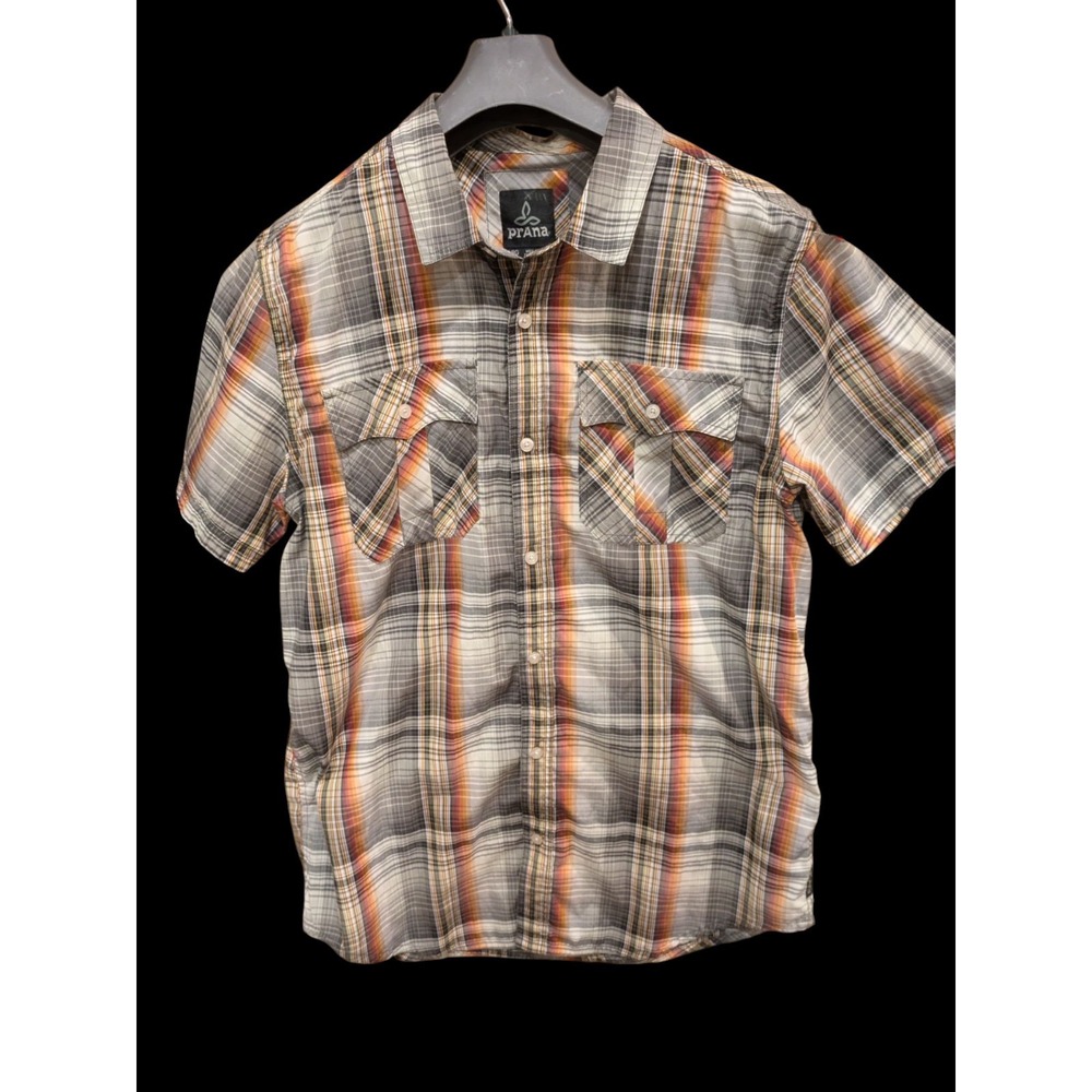 Prana Men's  Large Fits Medium SHORT‎   Sleeve  Plaid Organic Cotton Poly Blend